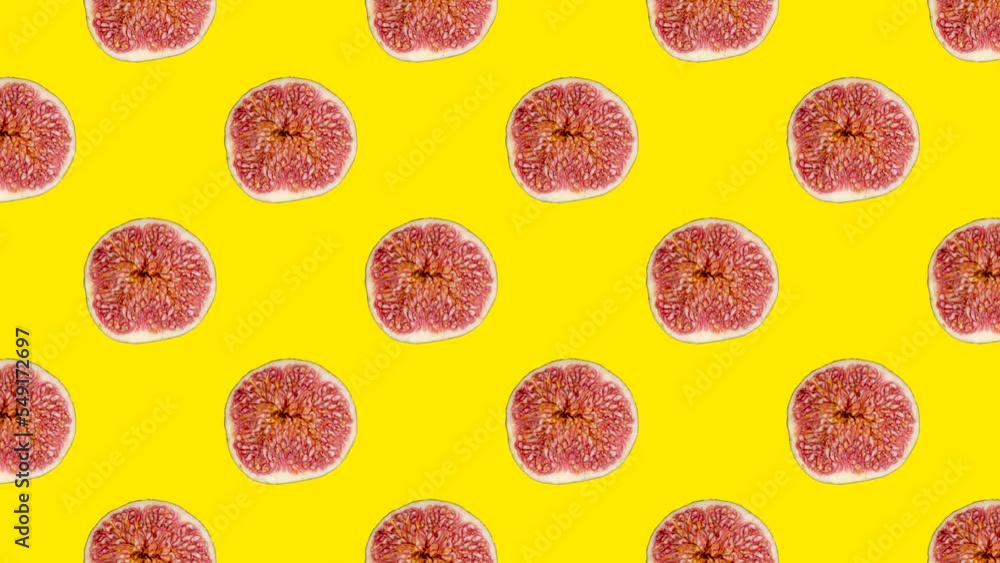 Poster fig slices in animated grid seamless loop pattern on a yellow background. abstract background with f