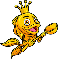 Cute Gold Fish Or Goldfish Cartoon Character With Crown Holding A Spoon. Hand Drawn Illustration Isolated On Transparent Background
