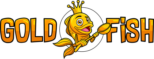 Cute Gold Fish Or Goldfish Cartoon Character With Crown Holding A Spoon  Logo Design. Hand Drawn Illustration Isolated On Transparent Background