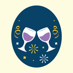 Toast Wine Glass With Confetti Against Circle Blue And Cosmic Latte Background.