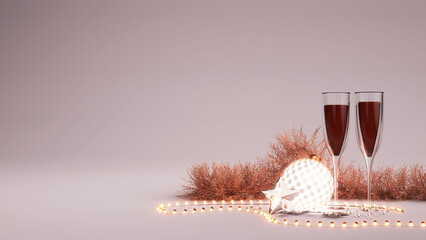 3D Render Of  Champagne Or Flute Glasses With Bauble, Stars, Tiny Crystal Balls, Tinsel, Lighting Garland Decorated Background And Copy Space.