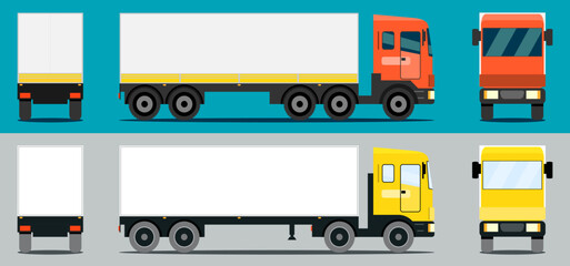 Semi trailer vector mockup for car branding and advertising. Truck set on an isolated background. A set of images of a modern American truck different variants of semi-trailers.