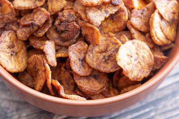 Deep fried sweet plantain chips ready to eat