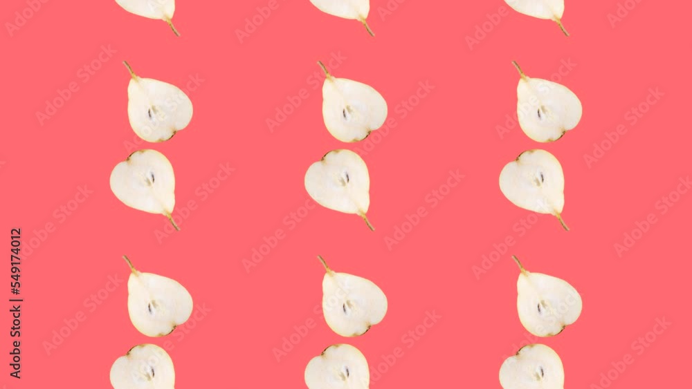 Poster pear slices in seamless loop pattern on a coral background. exotic fruits in seamless loop animation
