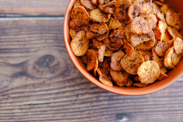 Deep fried sweet plantain chips ready to eat
