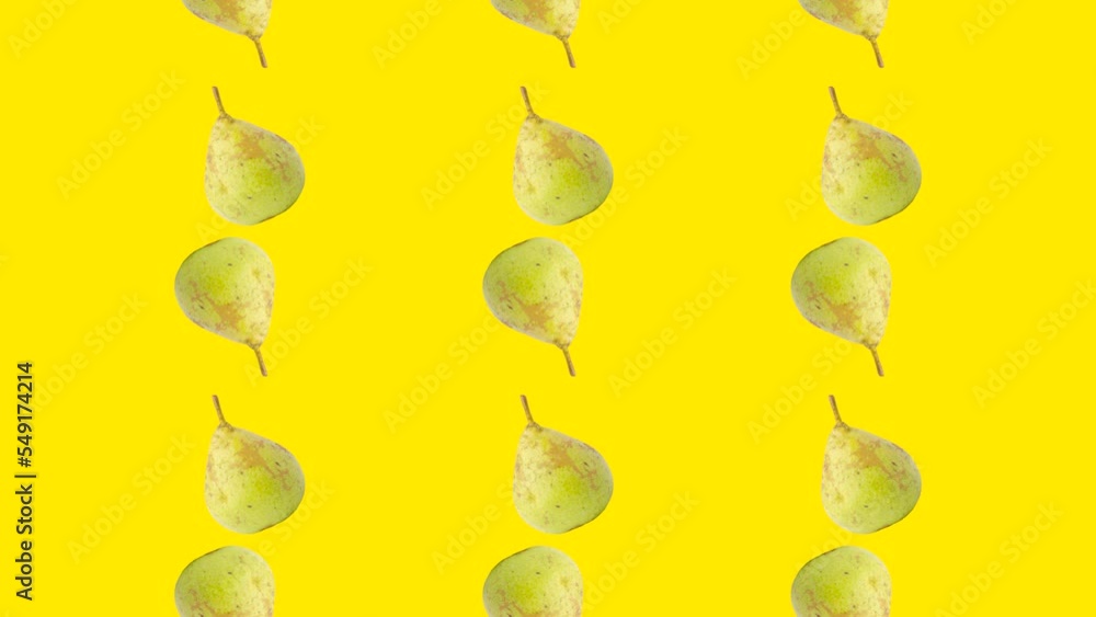 Poster pears in seamless loop pattern on a yellow background. exotic fruits in seamless loop animation. end