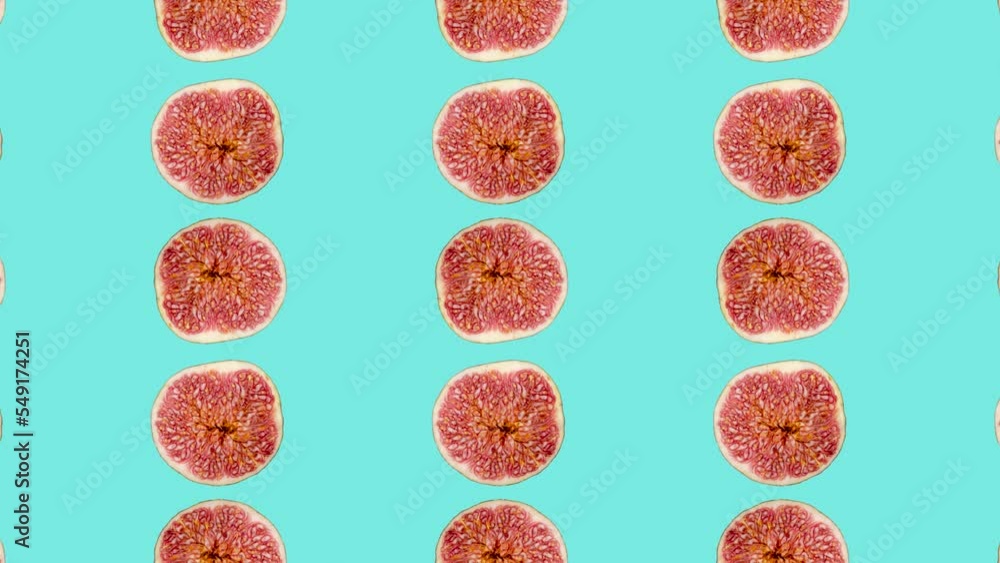 Poster fig slices in animated grid seamless loop pattern on a pale blue background. abstract background wit