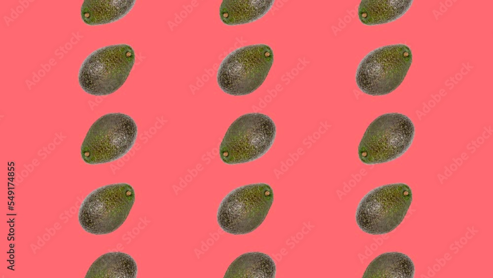 Poster an avocado in seamless loop pattern on a coral background. exotic fruits in seamless loop animation.