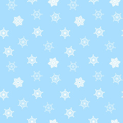 Falling snowflakes on blue background as seamless endless pattern for print cards, invitations and fabric. Web design texture elements for winter season