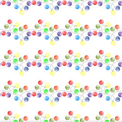 Hand drawn seamless pattern with lots of multicolored christmas tree balls for decoration x-mas and new year cards, invitations, web design. Aquarelle garland illustration on white background.