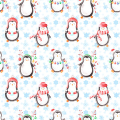 Watercolor seamless pattern with different penguins in red hats, skarf, garland and hook caramel lollipop on background with blue filigree snowflakes.New year, christmas and X-mas backdrop for print