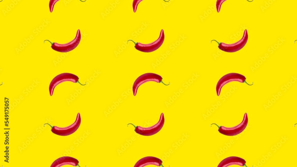 Poster seamless loop pattern with chili peppers on a yellow background. exotic fruits in seamless loop anim