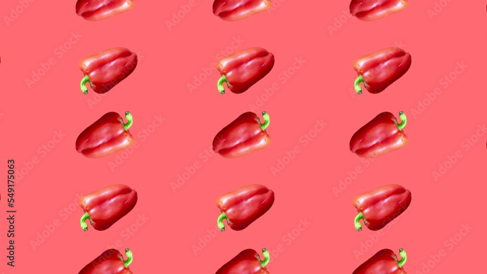 Poster bell peppers in seamless loop pattern on a coral background. vegetables in seamless loop animation. 