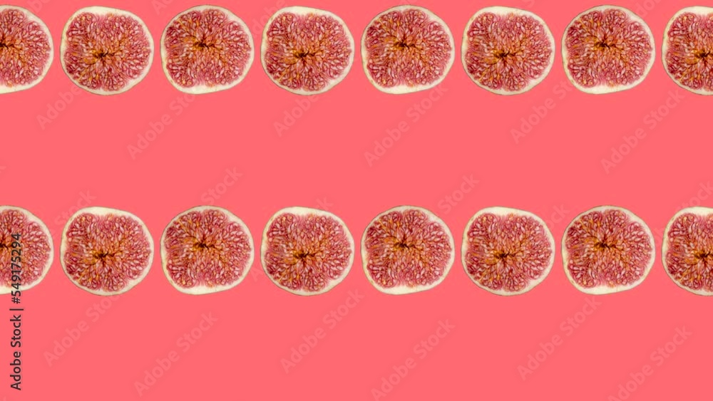 Poster a half of fig in animated grid seamless loop pattern on a coral background. abstract background with