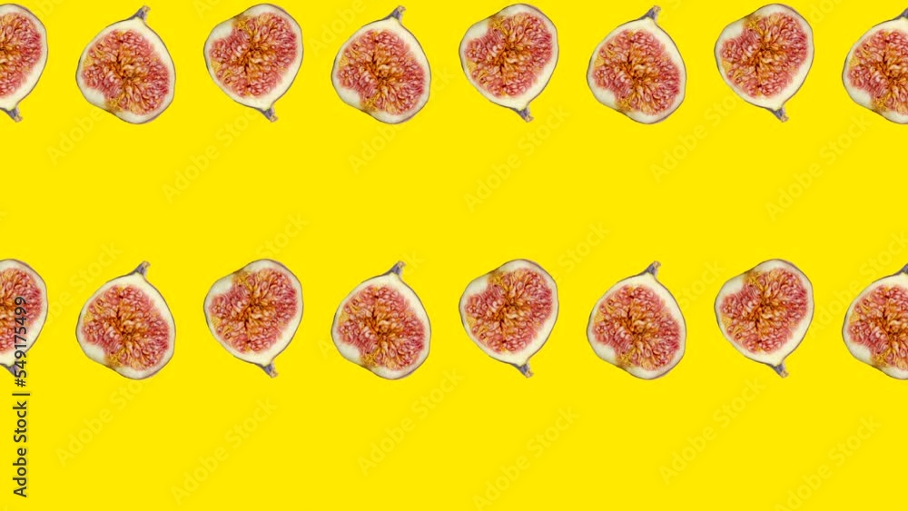 Poster fig slices in animated grid seamless loop pattern on a yellow background. abstract background with f
