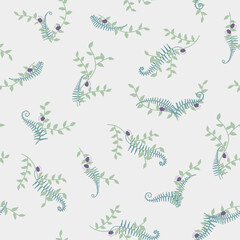 Floral and fern leaf seamless vector pattern.Mint and purple on beige color. Element for invitation, wedding, greeting, backdrop, wrapping, fabric.