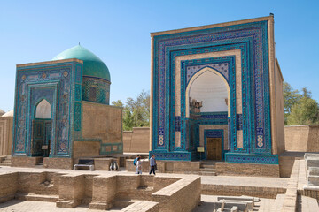 Two medieval mausoleums on a sunny September day. Burial complex Shah-i-Zinda. Samarkand, Uzbekistan