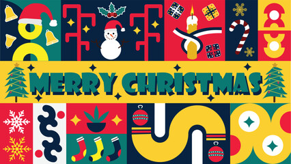 Merry Christmas banner design with geometric shapes, patterns and colors such red and green. Horizontal Banner of Christmas illustration modern colorful vector design