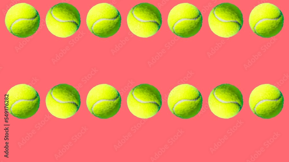 Poster seamless loop pattern with tennis balls on a coral background. sport balls in seamless loop animatio