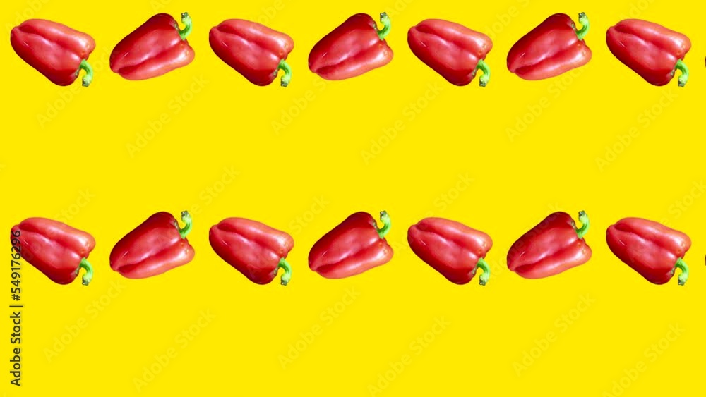 Poster bell peppers in seamless loop pattern on a yellow background. vegetables in seamless loop animation.