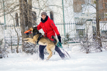 Fototapeta na wymiar Girl playing with dog in snowy, enjoying the weather. Pet training. Selective focus
