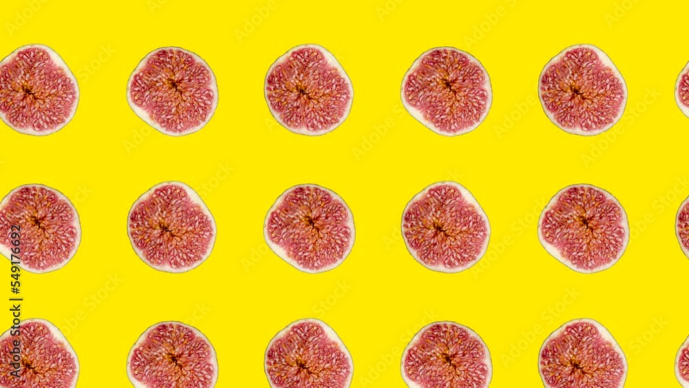 Poster fig slices in animated grid seamless loop pattern on a yellow background. abstract background with f
