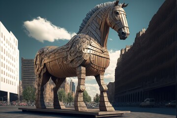 Trojan horse in a city, created with generative AI	 - obrazy, fototapety, plakaty