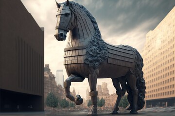 Trojan horse in a city created with generative ai, created with generative AI	 - obrazy, fototapety, plakaty
