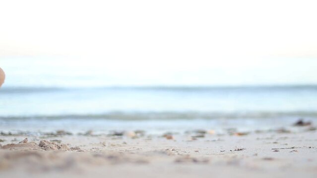 Barefoot male legs stand on the wet coastal sand on the shores of Puerto Progreso yucatan, mexico