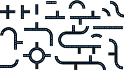 Road and highway vector elements for city map creation. Top view Road elements. Highway asphalt path traffic street. Street with footpath and crossroad set.