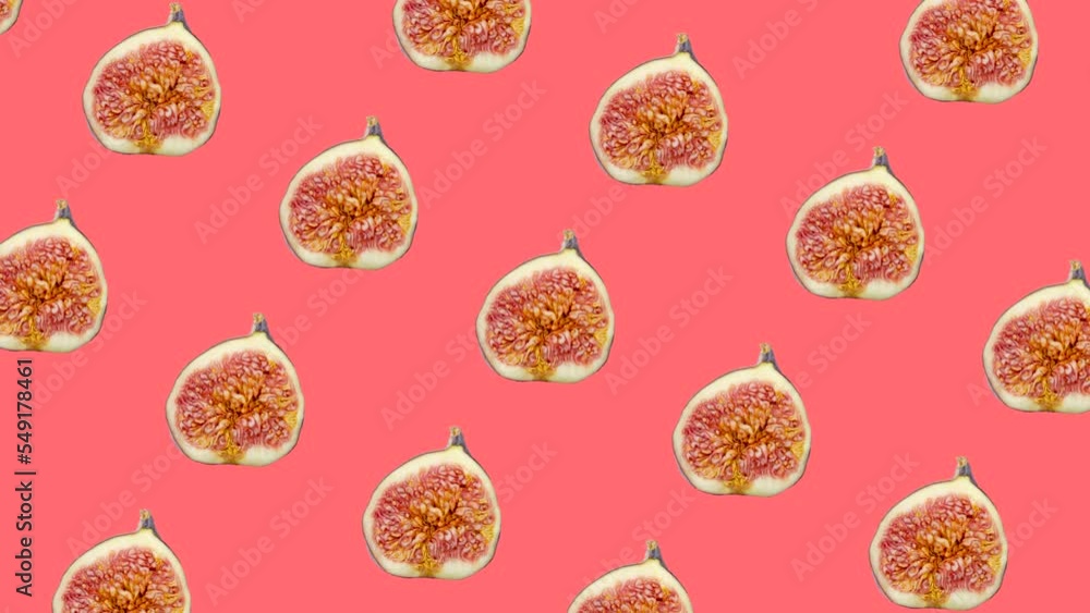Poster a half of fig in animated grid seamless loop pattern on a coral background. abstract background with