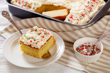 vanilla sheet cake with frosting, top view