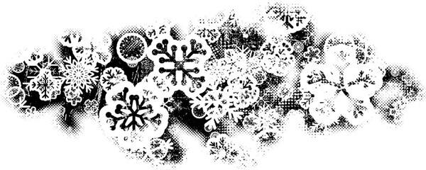 Grunge banner with snowflakes. Useful for social media, banners, Christmas cards, brochures, templates. Overlay texture made with snow flakes and halftone dots. Vector