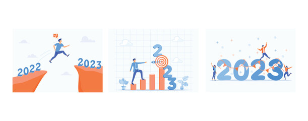 Year 2023 hope, determine targets for business in 2023, people partying to celebrate new year's eve from 2022 to 2023, set flat vector modern illustration