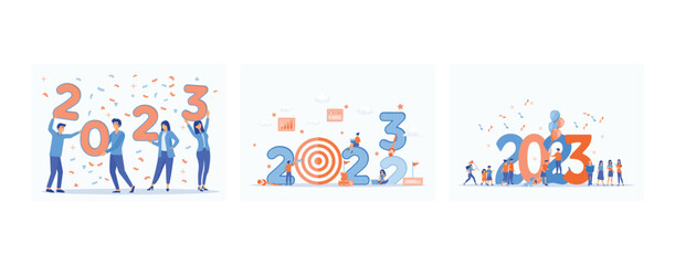People holding 2023 New Year numbers in hands, business in 2023, 2023 New year with New normal lifestyle ideas concept, set flat vector modern illustration