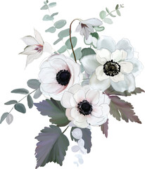 Bouquet with white anemones and greenery