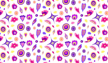 Pattern with abstract shapes and elements. Bright festive background. Modern design.