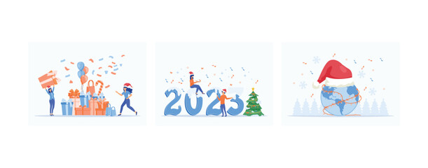 Preparation for winter holidays, Workers celebrate Christmas and New Year, Merry Christmas and Happy New Year concept, set flat vector modern illustration