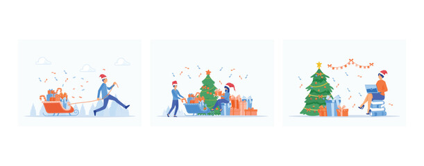 Man pulls up a surfboard filled with presents for Christmas in winter, people prepare Christmas parties and gifts, Women sit and finish errands at work at Christmas, set flat vector modern illustratio