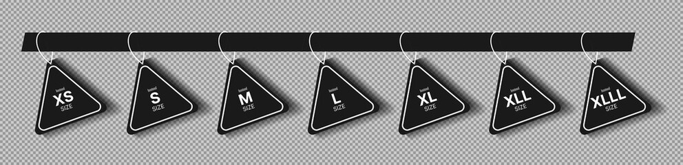 Clothing size black triangle sticker. XS, S, M, L, XL, XXL, XXXL label tags on transparent background. Vector illustration