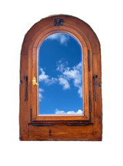 A view of the summer sky through an arched window, isolated on a white background