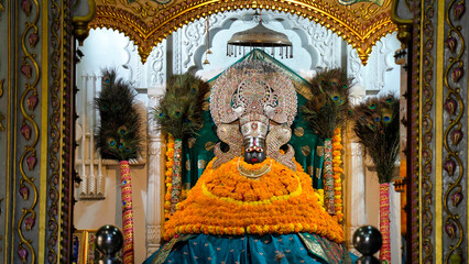 Lord Khatu Shyam ji Baba, form of Lord Krishna decorated with colorful garlands in Khatu. Shyam is a name and manifestation of Barbareek, grandson of Bhim and Hidimba in Mahabharata.