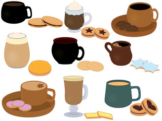 Hot autumn and winter season drinks with sweet cookies collection vector illustration
