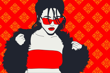 Fashion minimal illustration. Disco retro girl and stylish geometry design