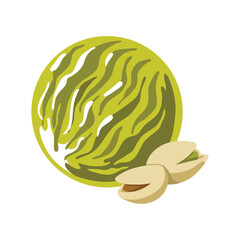 Delicious pistachio ice cream. Healthy nutritious nuts in a scoop of ice cream. Illustration in cartoon style for printing on textiles, clothes. Design element for label, sticker for ice cream.