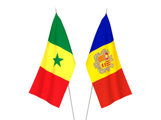 National fabric flags of Andorra and Republic of Senegal isolated on white background. 3d rendering illustration.