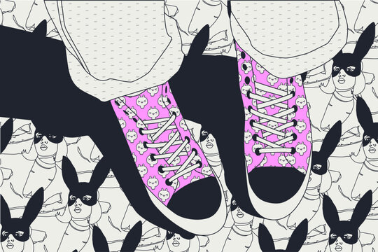 Flat colored vector illustration. Stylish urban look. Sneakers outfit and abstract pattern design