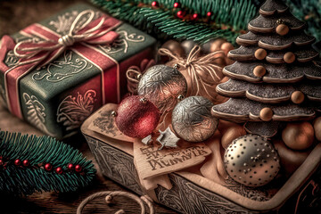 Weihnachtsschmuck Geschenke Stillleben Weihnachtskarte   Card Dekoration AI Graphic Digital Art Illustration Background Hintergrund Vorlage