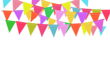 Greeting or Birthday party invitation with carnival,bunting flag garlands. Part decorating concept with colorful hanging above. Happy birthday.  with copy space for your text.