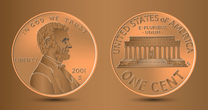 United States one cent or penny, coin with President Abraham Lincoln on obverse and Lincoln Memorial on reverse. American money, Lincoln Memorial. Vector.
